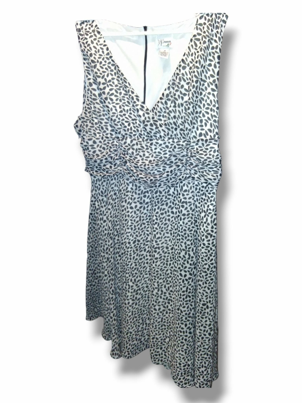 D.J. Summers V-Neck Empire Waist Dress Black White Geometric Floral Chiffon Sz10